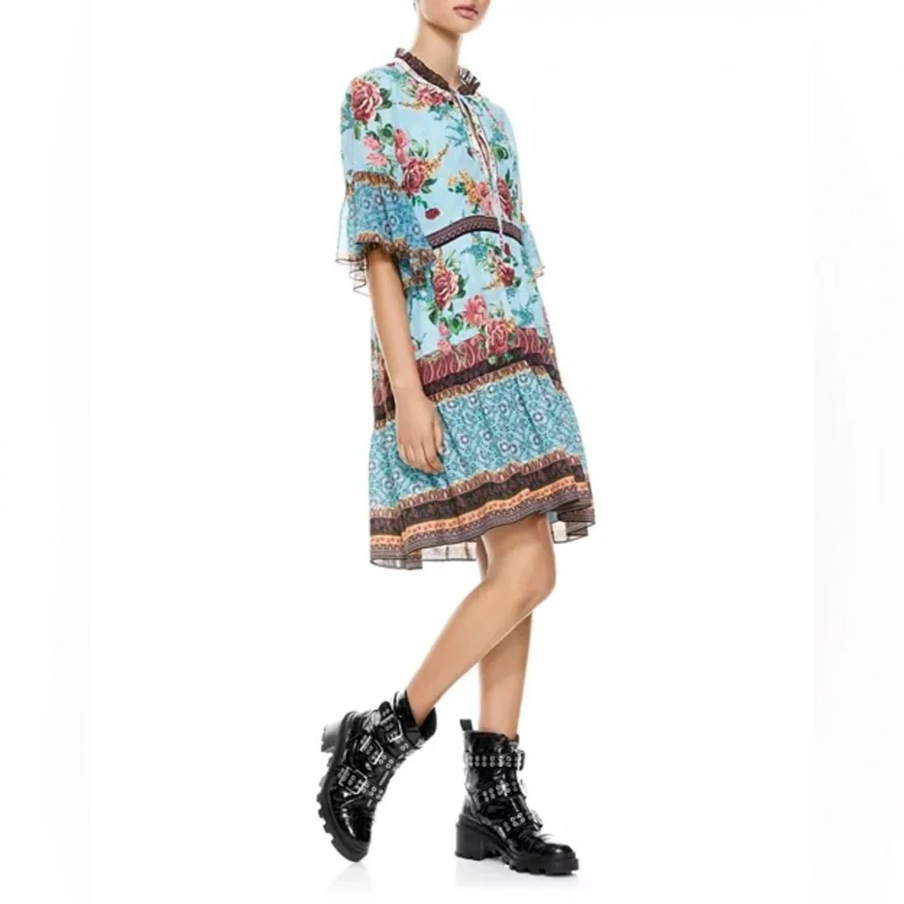 Alice + Olivia Blue Floral Boho Dress Size XS Ruffle Sleeve Tie Neck - Picture 2 of 16